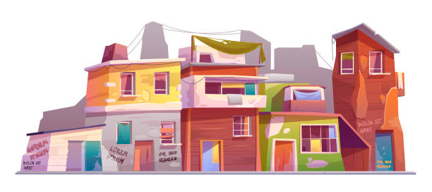 ilustrações, clipart, desenhos animados e ícones de gueto com edifícios arruinados, casas velhas abandonadas - favela