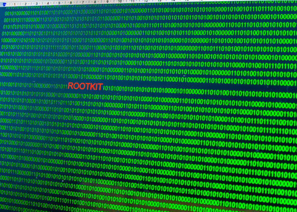 istock Red inscription Rootkit in malicious computer code written by a hacker. Picture of a computer screen with a dangerous program code. 1190869408