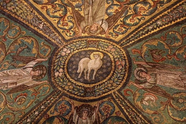 Interior of Basilica of San Vitale in Ravenna. Italy Ravenna, Italy - Sept 11, 2019: Interior of Basilica of San Vitale, which has important examples of early Christian Byzantine art and architecture.Ceiling mosaic of the presbitery with the "agnus dei" in the middle. San Vitale Ravenna agnus dei stock pictures, royalty-free photos & images
