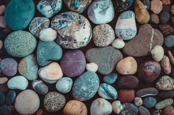 Different colorful sea pebbles top view marine background