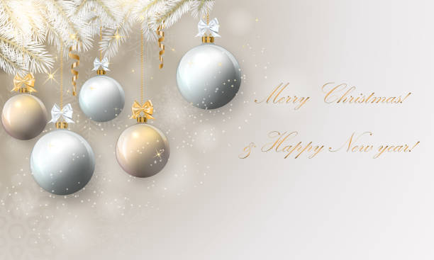 istock Golden Christmas background for a card with balls, fir branches and serpentine. 1190873183