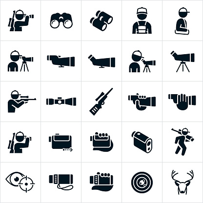A set of hunting optics icons. They include binoculars, spotting scopes, rifle scopes, rangefinders, monoculars, hunters, buck deer, carrying bags, tripod, rife and other icons related to hunting and shooting optics and accessories.