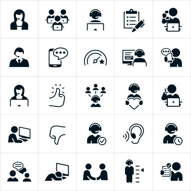 Customer Support Icons A set of customer support icons. The icons include a male and female customer support representative, administrative assistant, CSR answering the telephone, workers sitting at their computers, survey, rating from a smart phone, customers, thumb up, thumbs down customer support representatives with wearing headsets, listening ear, support rep talking on mobile phone, worker asleep at computer, support rep and customer communicating back and forth, handshake and other related icons. call center stock illustrations