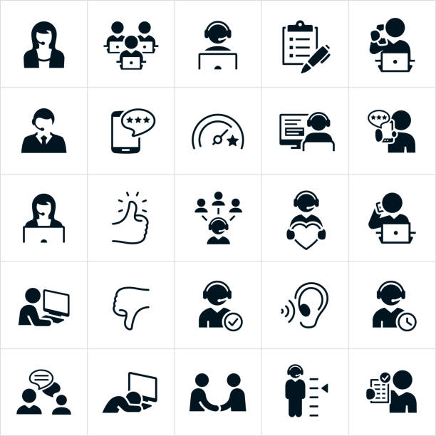 Customer Support Icons A set of customer support icons. The icons include a male and female customer support representative, administrative assistant, CSR answering the telephone, workers sitting at their computers, survey, rating from a smart phone, customers, thumb up, thumbs down customer support representatives with wearing headsets, listening ear, support rep talking on mobile phone, worker asleep at computer, support rep and customer communicating back and forth, handshake and other related icons. talking on office phone stock illustrations