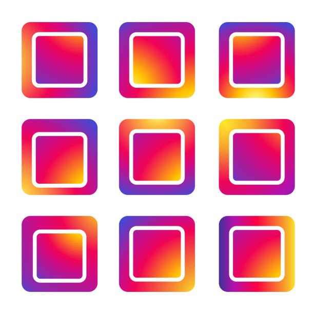 方形框架的標誌設置社交媒體應用程式，紅色和紫色漸變顏色圖示背景，自動後期製作篩檢程式，向量 - instagram 幅插畫檔、美工圖案、卡通及圖標
