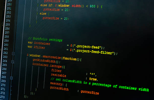istock Close-up of the Portfolio Settings paragraph in the source code of the web page, which the programmer prepares using JavaScript - jQuery. 1190880134