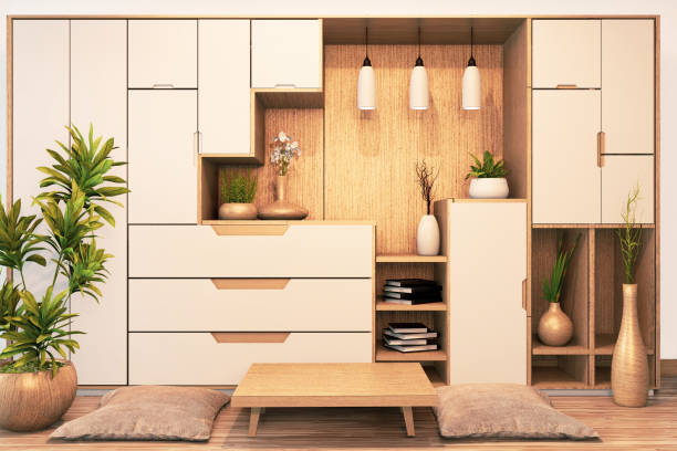 istock Design Cabinet shelf wooden japanese style on Empty room minimal .3D rendering 1190882781