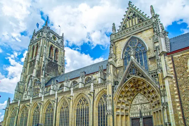 Tongeren, Limburg, Belgium, tower of gothic church Basilica of Our Lady built in 13th-14th century