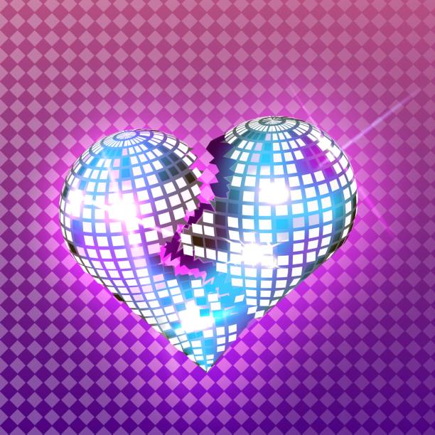 ilustraciones, imágenes clip art, dibujos animados e iconos de stock de ilustración vectorial de una bola de discoteca en forma de corazón roto sobre un fondo de espacio transparente ultravioleta. - disco ball 1970s style 1980s style nightclub