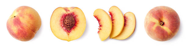 Fresh ripe whole, half and sliced peach