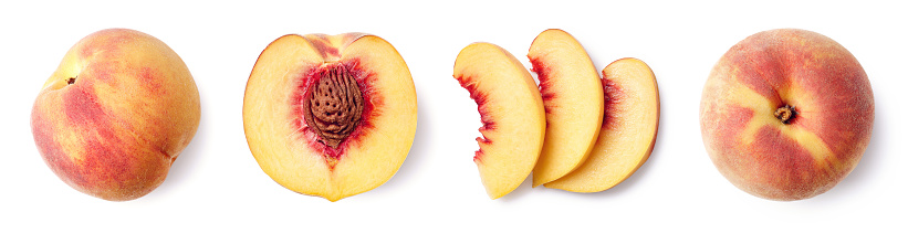 Fresh ripe whole, half and sliced peach isolated on white background, top view