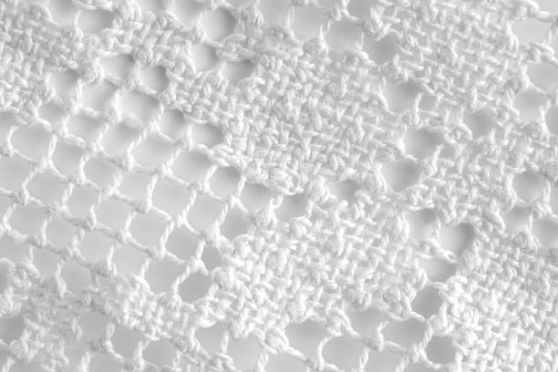 extreme close up of a white crocheted table cloth on white background