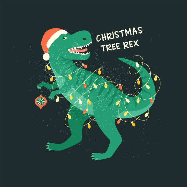 Tyrannosaurus Christmas Tree Rex Card. Dinosaur in Santa hat decorates Christmas tree garland lights. Vector illustration of funny character in cartoon flat style. vector art illustration