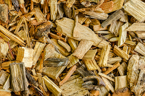 Full-screen background with yellow brown weathered wood chips used for biomass