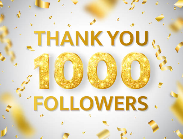 ilustrações de stock, clip art, desenhos animados e ícones de thank you 1000 followers background with falling gold confetti and glitter numbers. 1k followers celebration banner. social media concept. counter notification icons. vector illustration - banner anniversary vector button