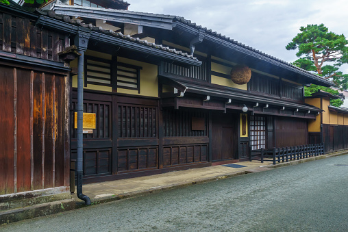 Takayama, Japan - October 3, 2019: View of a traditional sake brewery house in the old township of Takayama, Japan