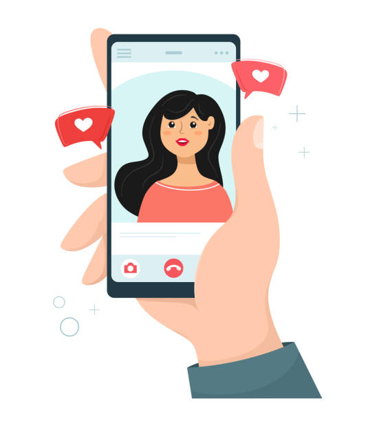 istock Video call with your girlfriend. A male hand holds a smartphone, on the screen is his girlfriend. Vector video call concept in cartoon flat style. Design for web and banners. 1190899683