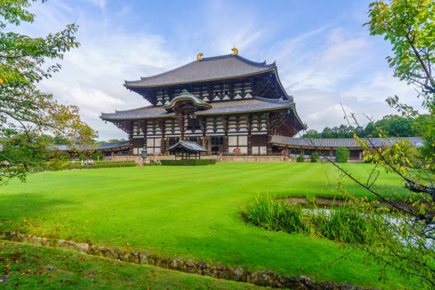 Nara, Japan - October 5, 2019: View of the Todaiji Buddhist temple main hall, with visitors, in Nara, Japan