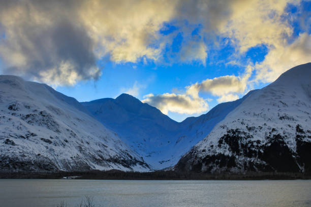 The scenery in sunset driving on Highway 1 between Anchorage and Portage, Alaska