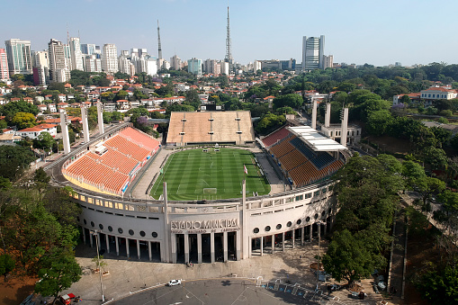 Sao Paulo, Brazil, October 11, 2019. Aerial view made of drone of the Paulo Machado de Carvalho Municipal Stadium, better known as Pacaembu, at Charles Miller Square, west of Sao Paulo.
