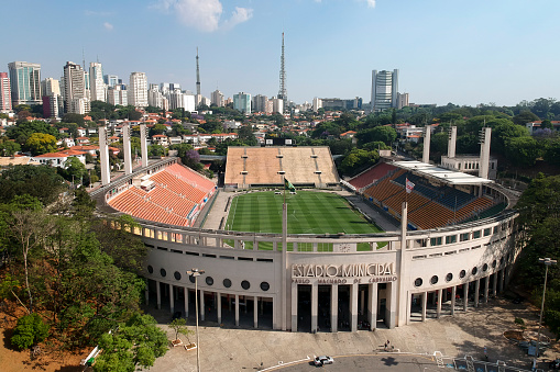 Sao Paulo, Brazil, October 11, 2019. Aerial view made of drone of the Paulo Machado de Carvalho Municipal Stadium, better known as Pacaembu, at Charles Miller Square, west of Sao Paulo.