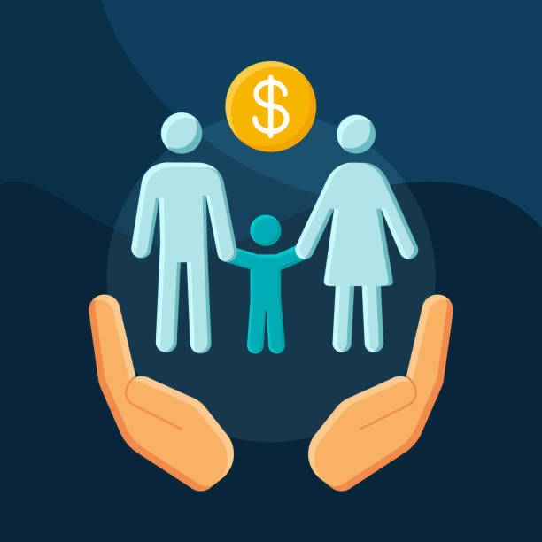 Social benefits flat concept vector icon Social benefits flat concept vector icon. Low income financial assistance idea cartoon color illustrations set. Family welfare. Social safety net. Isolated graphic design element low quality of life stock illustrations