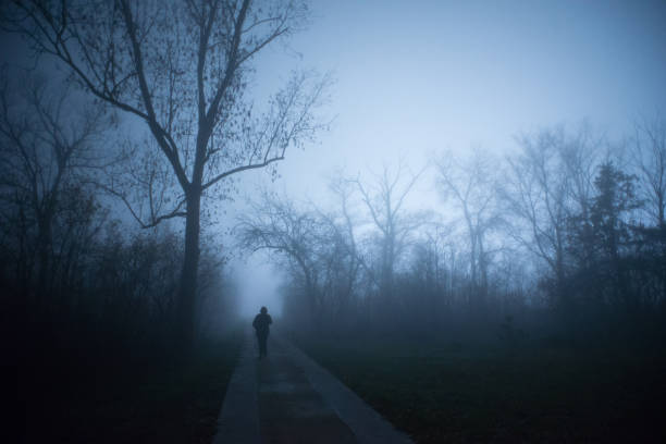 Man walking through the dark spooky forest on a misty winter night.