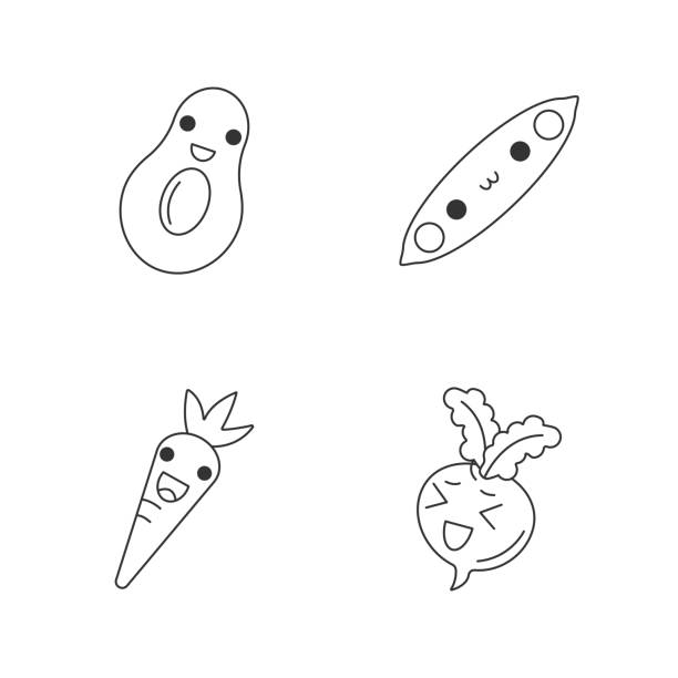 ilustraciones, imágenes clip art, dibujos animados e iconos de stock de vegetales lindos personajes lineales kawaii - beet common beet isolated red