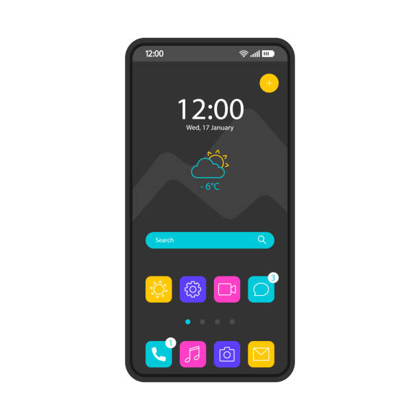 Home screen smartphone interface vector template Home screen smartphone interface vector template. Mobile operating system page black design layout. Search bar, forecast. Start screen with app icons, shotcuts. Flat UI for application. Phone display application icon stock illustrations