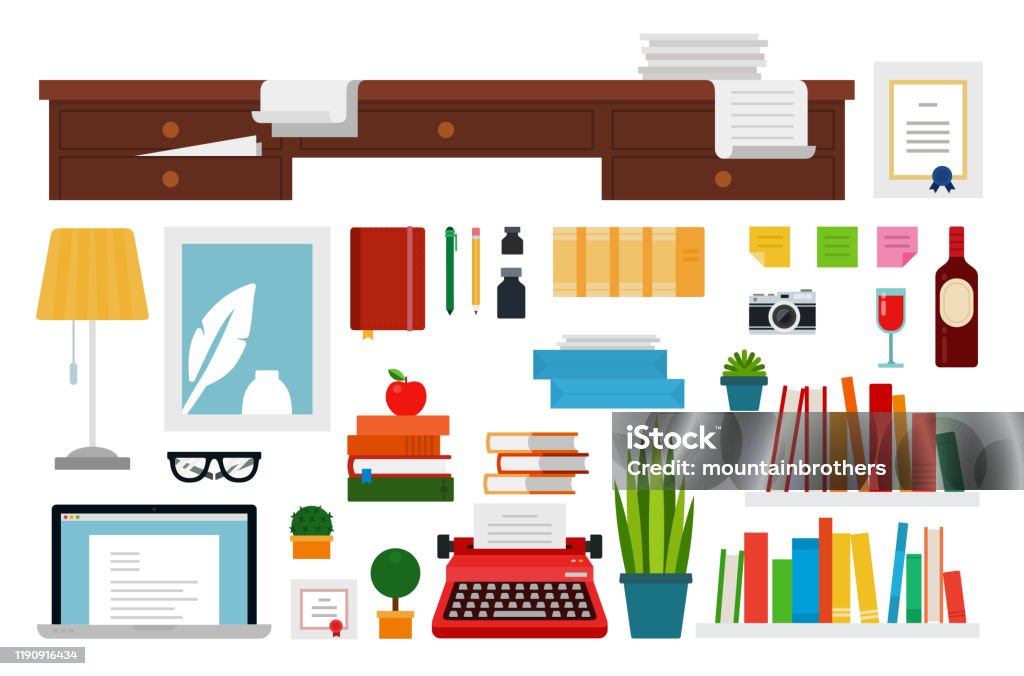 Writer Work Place Set Of Writer Workplace Flat Vector Illustration Stock Illustration ...