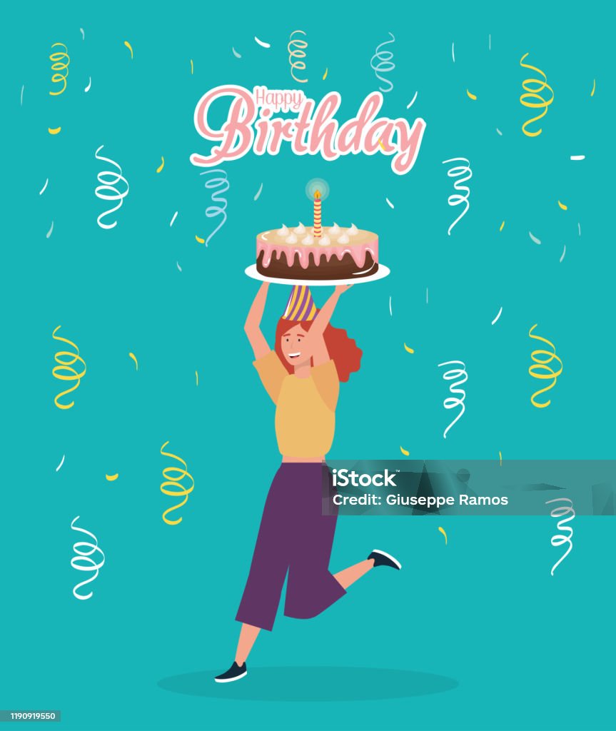 Gelukkige Verjaardag Vrouw Met Cake Confetti Viering  Partijgebeurtenisdecoratie Stockvectorkunst En Meer Beelden Van Verjaardag  - Istock
