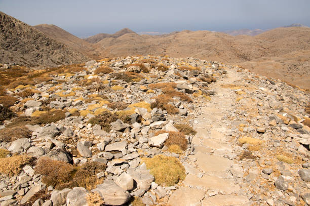 Greek Crete mountain range with highest mountain Ida Psiloritis, very dry hard terrain with sharp rocks and stones, natura park, hard difficult terrain