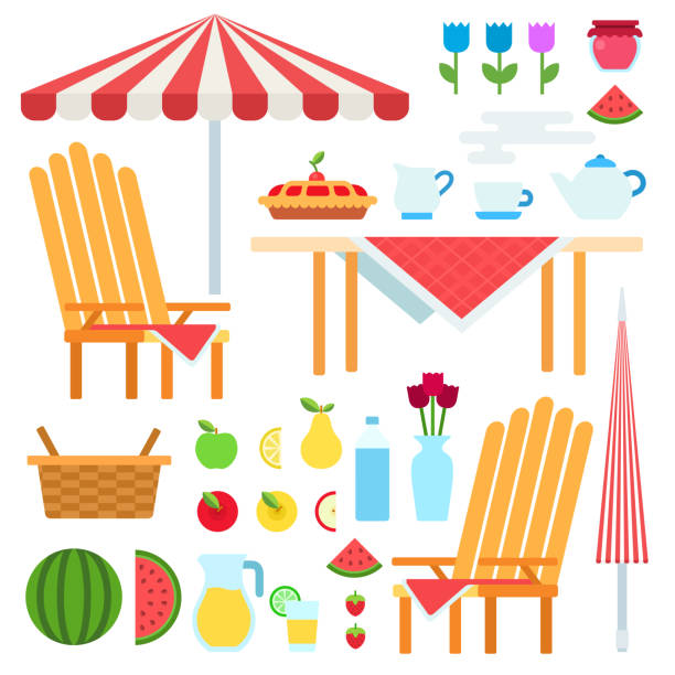 illustrations, cliparts, dessins animés et icônes de ensemble d'illustration plate de vecteur de pique-nique d'été. - table de jardin