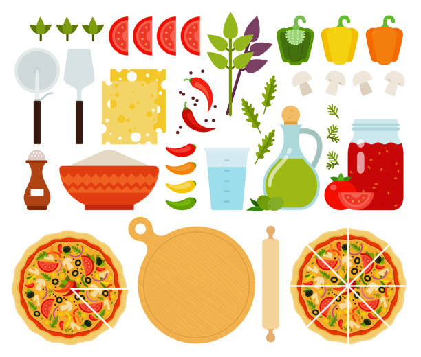 멕시코 피자 아이콘 플랫 벡터의 집합 - cheddar stock illustrations