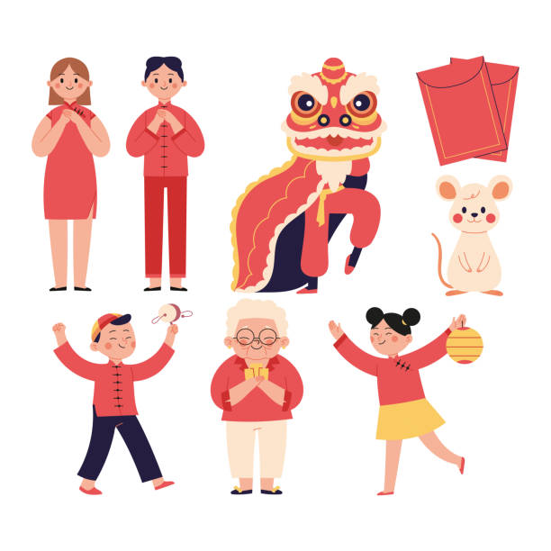 ilustrações, clipart, desenhos animados e ícones de um conjunto de personagens vetor escladores e ilustrações do ano novo chinês - chinese spring festival