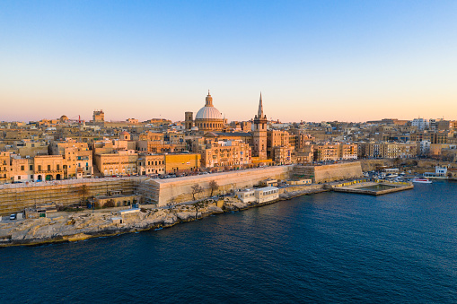 Aerial view of Valletta city - capital of Malta country. Sunset, evening, church