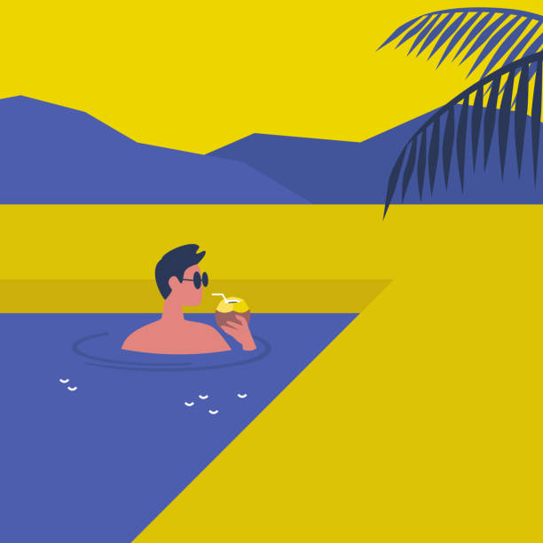 Hot sunny summer weather, young male character swimming in a pool and drinking a coconut water Hot sunny summer weather, young male character swimming in a pool and drinking a coconut water looking at view illustrations stock illustrations