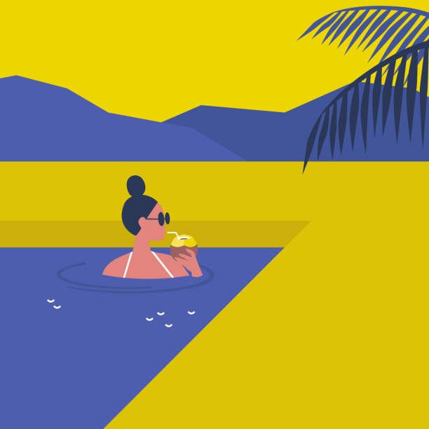 illustrations, cliparts, dessins animés et icônes de temps ensoleillé chaud d'été, jeune caractère féminin nageant dans une piscine et buvant une eau de noix de coco - swimming pool illustrations