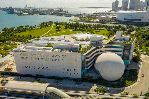 Miami, FL, USA - November 10, 2019: Aerial photo Frost Museum of Science Downtown Miami FL