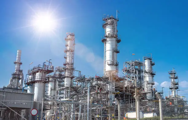 Close up Industrial view at oil refinery plant form industry zone with cloudy sky