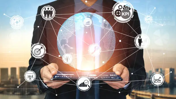 KPI Key Performance Indicator for Business Concept - Modern graphic interface showing symbols of job target evaluation and analytical numbers for marketing KPI management.