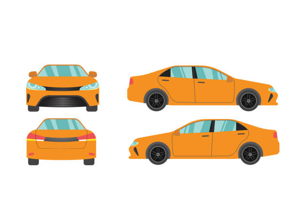 набор оранжевый седан автомобиль зрения на белом фоне, иллюстрация вектор, сторона, спереди, сзади - sedan car isolated white stock illustrations