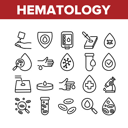 Hematology Collection Elements Icons Set Vector Thin Line. Blood Erythrocytes And Analysis, Diabetes And Infection Diagnostic Hematology Concept Linear Pictograms. Monochrome Contour Illustrations