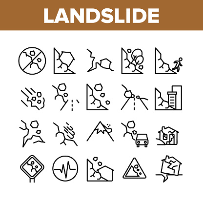 Landslide Collection Elements Icons Set Vector Thin Line. Snowy And Stone Landslide From Mountain, Road Mark And Ruined House Concept Linear Pictograms. Monochrome Contour Illustrations