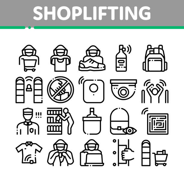 ilustrações, clipart, desenhos animados e ícones de a coleção do shoplifting elementos ícones ajustou o vetor - shoplifter