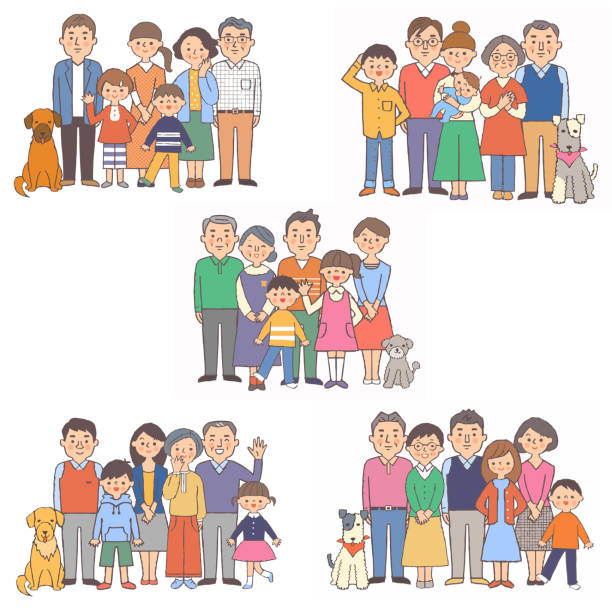 ilustraciones, imágenes clip art, dibujos animados e iconos de stock de 5 juegos de 3 generaciones de familia - family pets dog multi generation family