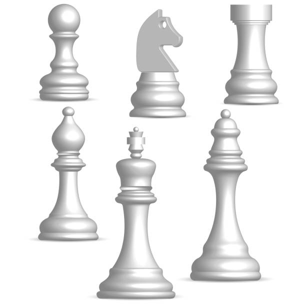 3D glossy chess figures, vector illustration. Photo realistic white chess pieces. Front view, vector illustration. three dimensional chess stock illustrations