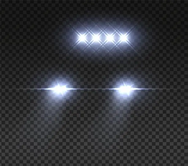 Vector illustration of 120819_Realistic offroad car headlights. Night road led car light. Vector light effect on transparent background