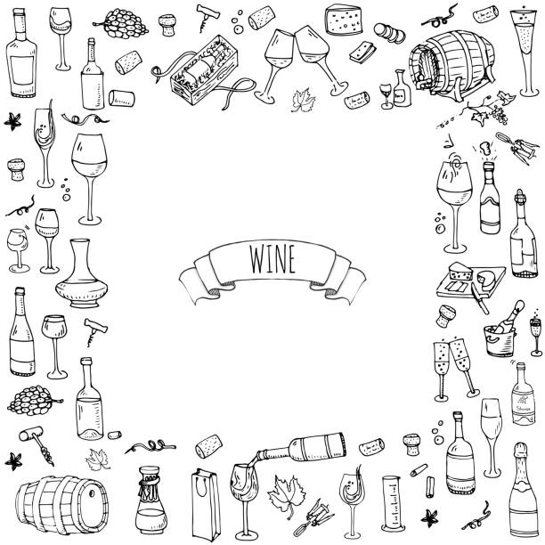 Hand drawn wine tasting icons set Hand drawn wine tasting icons set Vector illustration Sketchy liquor elements collection Cartoon alcohol symbols Vineyard background  Winery objects Grape. Glass Cheese Cork Barrel. Sparkling. Boose. corkscrew stock illustrations