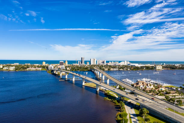 Aerial view Daytona Beach and split bridges crossing the Halifax River stock photo